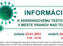 Vranov: Informácie k celoplošnému skríningu Covid I